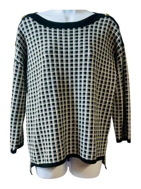 Cable‎ & Gauge Black & White Scoop Neck Grid Pattern 3/4 Sleeve Sweater size L